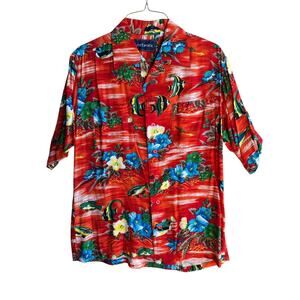 Network Hawaiian Shirt Mens Large Red Tropical Fish Floral Button Up Camp Collar